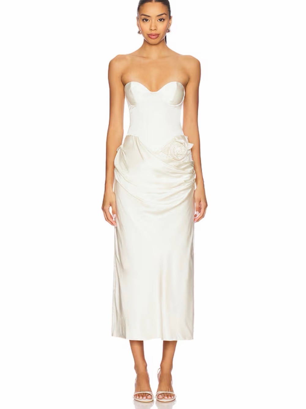 LPA Strapless Ivory Satin Midi Dress with Sculpted Bodice